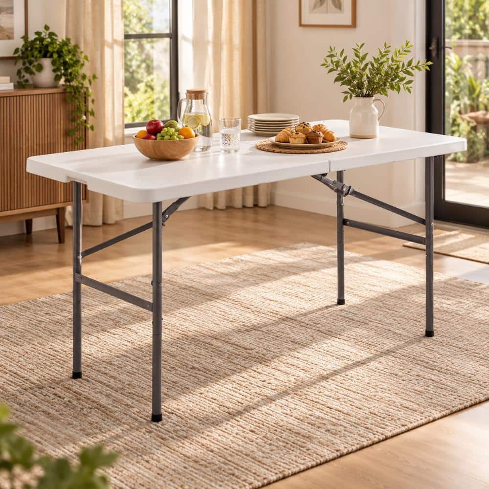 4 ft. White Rectangle Steel Indoor/Outdoor Portable Folding Table for Camping or Picnic,Seats 4-People
