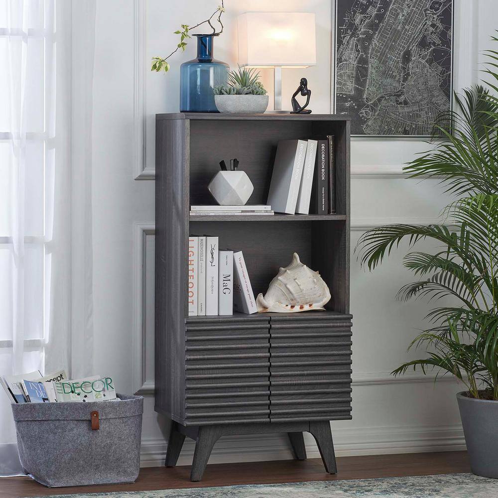 Charcoal Wood Mid-Century Modern Display Cabinet Bookshelf