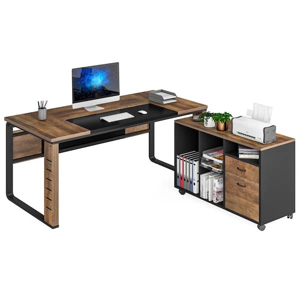BYBLIGHT 59 in. L-Shaped Brown Engineered Wood 2-Drawer Executive Office Desk with Lateral File Cabinet