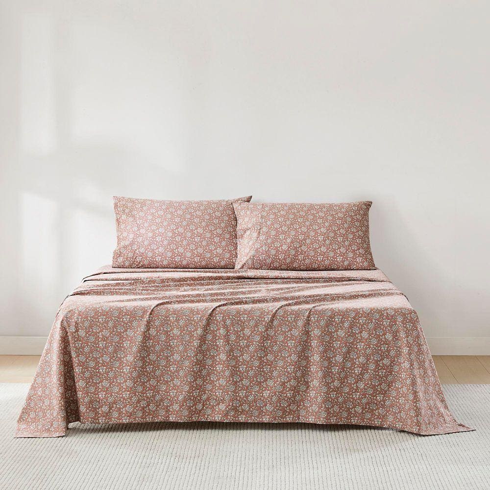 Lush Decor Zara Floral Block Cotton 4-Piece Set Terracotta Cottage