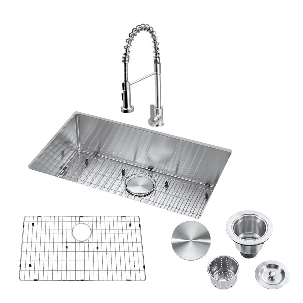 Akicon 18 Gauge Stainless-Steel 30 in. Single Bowl Undermount Kitchen Sink with Strainer and Bottom Grid and Faucet, Silver -  AK301809R10F