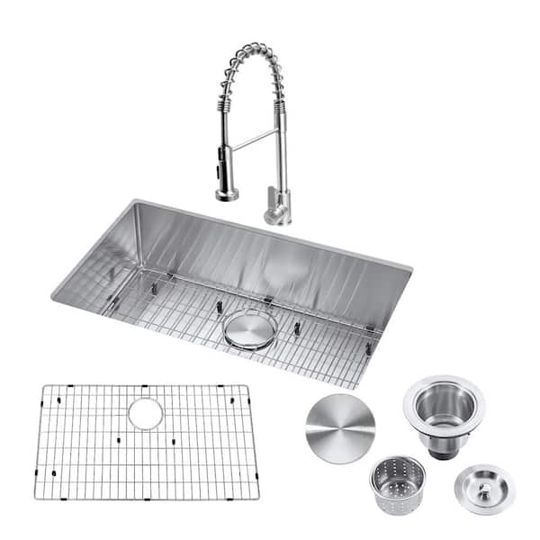 Akicon 18 Gauge Stainless-Steel 30 in. Single Bowl Undermount Kitchen Sink with Strainer and Bottom Grid and Faucet