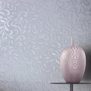 Scroll Damask Metallic Grey/Pearl Vinyl on Non-Woven Non-Pasted Wallpaper Roll