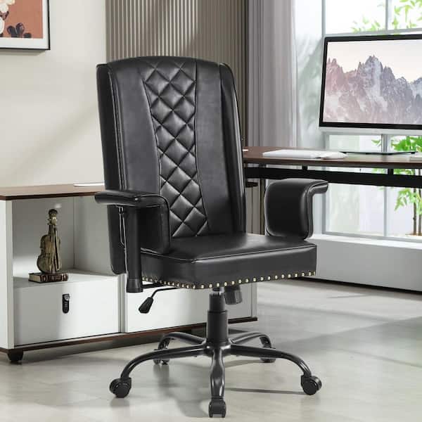 High Back Office Chair Faux Leather Wheels Task Chair in Black with Adjustable Armrests-Swivel Desk Chair