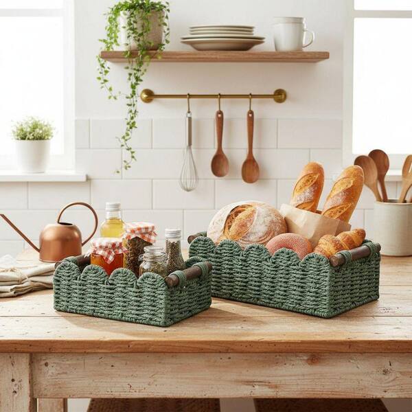 Green 9 in. x 8 in. Paper Decorative Basket (Set of 2) LINBQ464