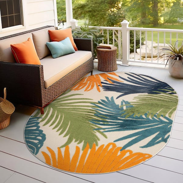 Contemporary Tropical Large Floral Multi 5 ft. x 7 ft. OVAL Indoor/Outdoor Area Rug