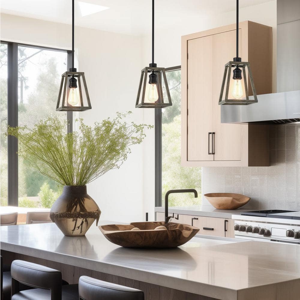 Cartwright Textured Black Metal Farmhouse Pendant Light with Gray Oak Shade