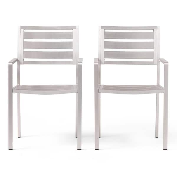 Aluminium Slat Design Outdoor Dining Chair, Patio Armchair in Silver Set of 2 with Curved Back