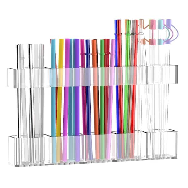 Acrylic Straw Holder for Cabinet Door, 9.6-Inch Adjustable Two-Part Rack, 5-Compartment Organizer 9.5”