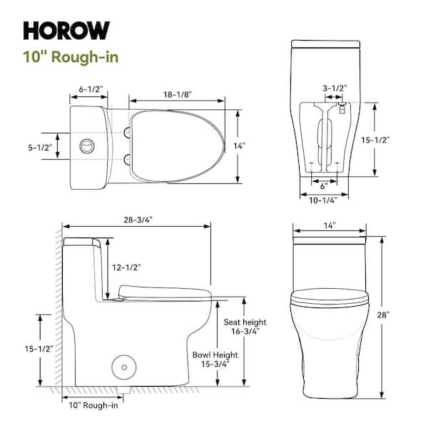 10 in. Rough In One-Piece 1.1 GPF/1.6 GPF Dual Flush Elongated Toilet in White with Soft Close Seat