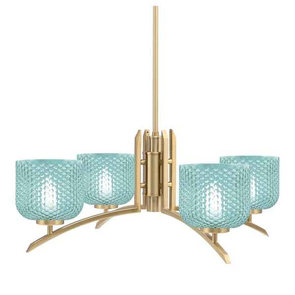 Unbranded Siena 27.5 in. 4-Light New Age Brass Chandelier with 6 in. Turquoise Textured Glass Shade, No Bulbs Included