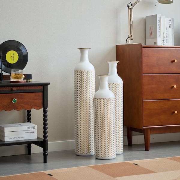 24 in. 28 in. 32 in. Modern White Metal Cylinder Floor Vase Gorgeous Home Decoration Large Glazed Vase (Set of 3)