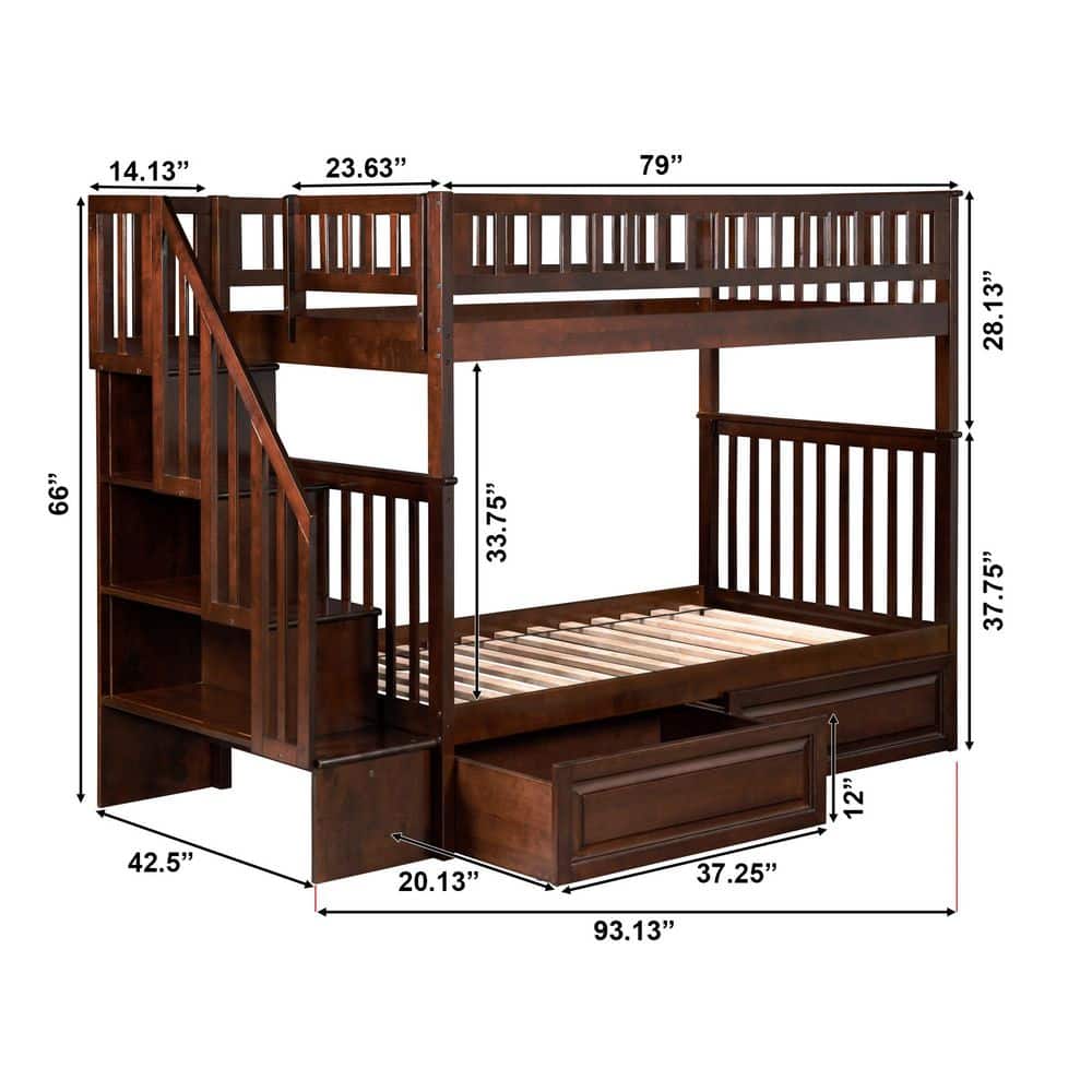 Walnut Twin Over Twin Bunk Bed with Staircase and Storage Drawers