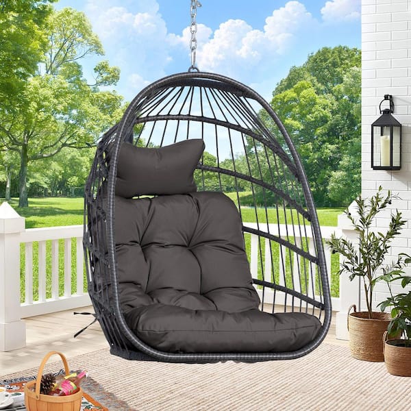 Unbranded 3.54 ft. Gray Foldable PE Wicker Hanging Swing Egg Chair without Stand Outdoor Hammock Chair with Cushion in Dark Gray