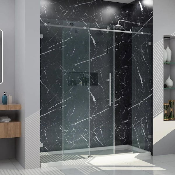 ANGELES HOME 72 in. W x 79 in. H Sliding Frameless Shower Door in Brushed Nickel Finish with 3/8 in. Clear Glass
