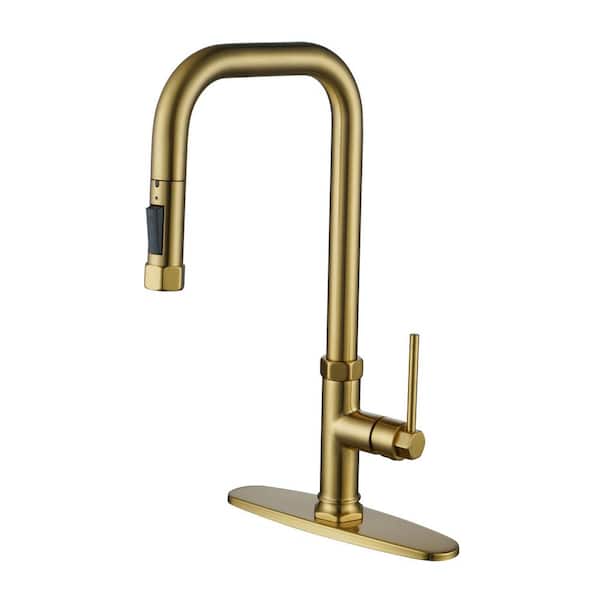 IVIGA Brass Single Handle Pull Down Sprayer Kitchen Faucet with Advanced Spray, Deck Plate and Supply Lines in Gold