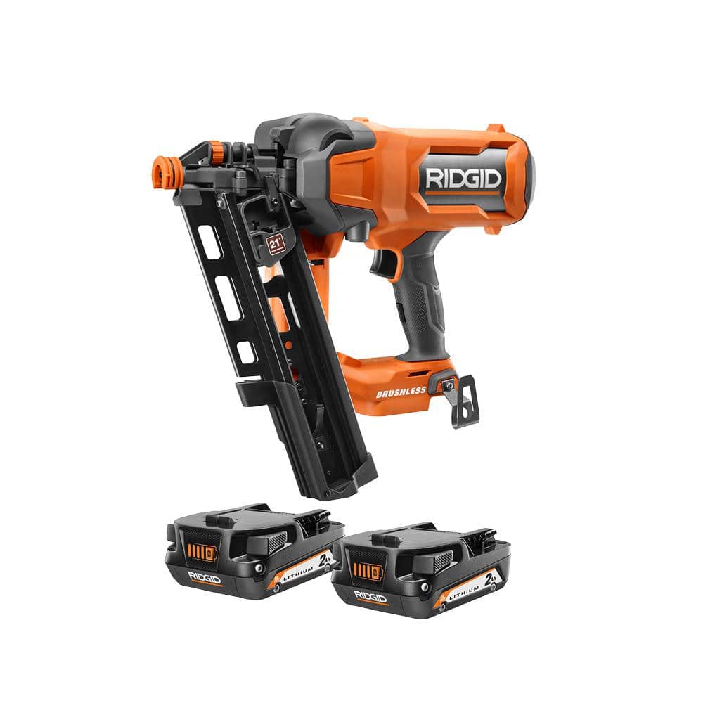 RIDGID 18V Lithium-Ion Brushless Cordless 21° 3-1/2 in. Framing Nailer with 18V Compact Lithium-Ion 2.0 Ah Battery 2-Pack -  R09894AC8400802
