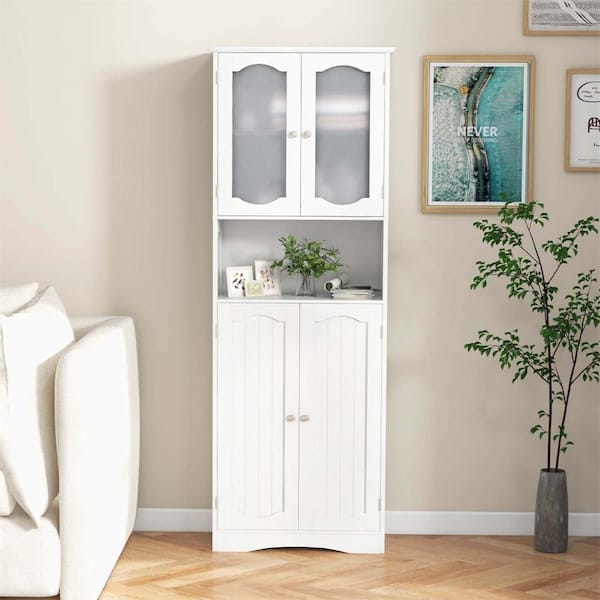 White 64.5 in. Tall Bathroom Cabinet with Tempered Glass Doors and Adjustable Shelves