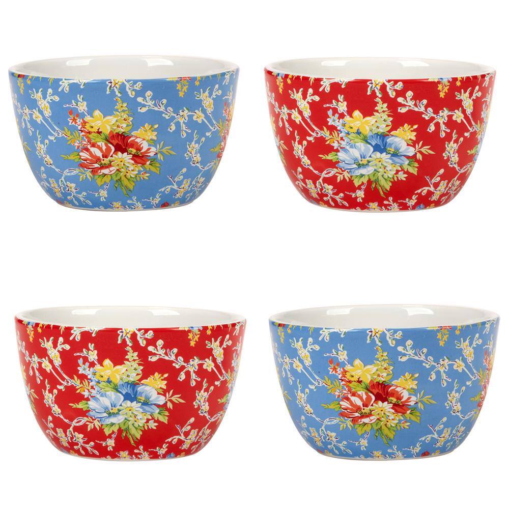 Blossom Blue and Red Floral Ceramic Dessert Bowls Set of 4