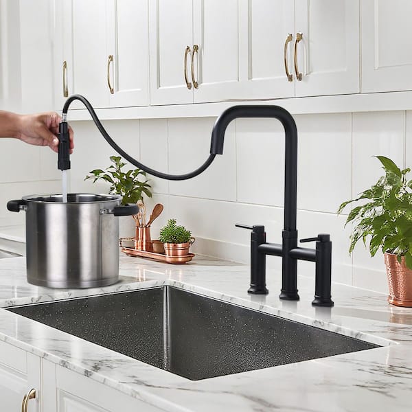 3 Holes Double Handle Bridge Kitchen Faucet with Pull Down Sprayer and Supply Lines in Black
