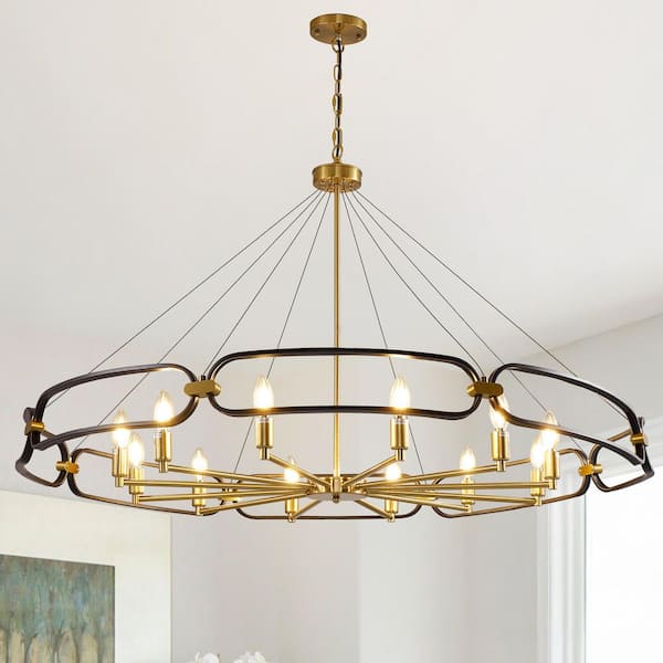 60-Watt 12 Light Black and Gold Wagon Wheel Pendant Light With E12 Bulb, No Bulbs Included