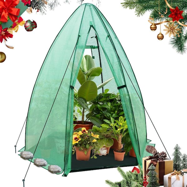 63 in. W x 63 in. D x 72 in. H Mini Hexagon Greenhouse with Green PE Cover, Zipper Door and Mesh Windows, Ground Mat