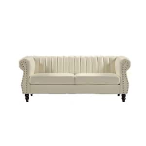 Capri 76.4 in. W Rolled Arm Faux Leather Mid-Century Modern Straight Sofa in White