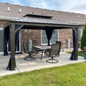 10 ft. x 14 ft. Patio Outdoor Gazebo for Backyard Hardtop Galvanized Steel Frame with Balls in Navy Blue