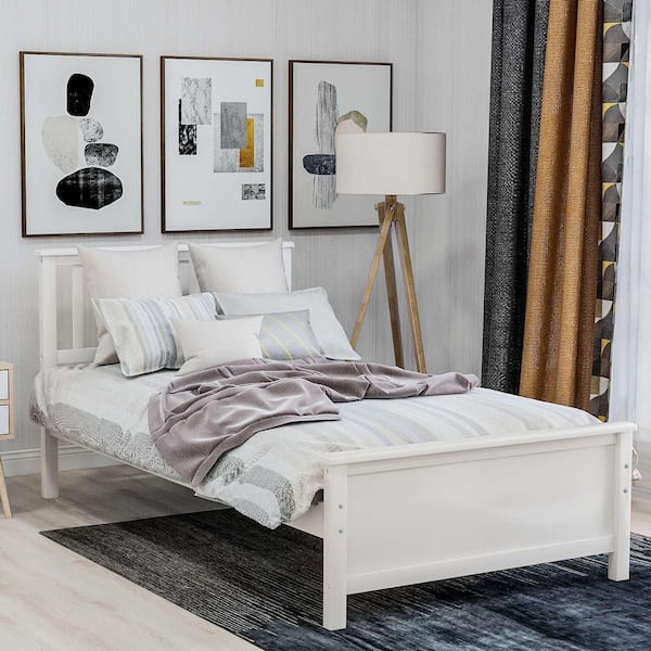 White Wood Frame Twin Platform Bed with Headboard, Footboard and Wood Slat Support
