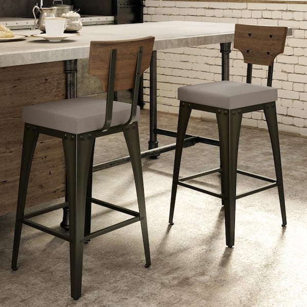 Amisco Rally 26 in. Semi-Transparent Gun Metal Warm Grey Polyurethane Medium Brown Wood Counter Stool