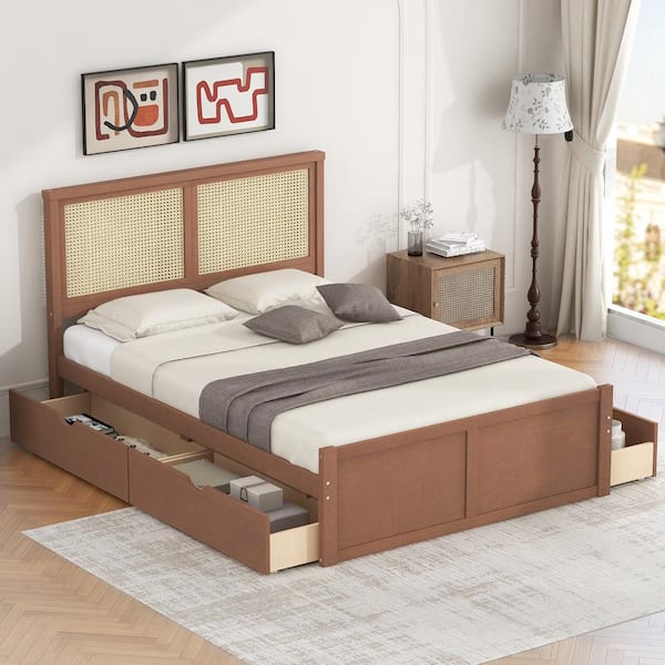 Harper & Bright Designs Espresso Brown Wood Frame Full Size Platform Bed with 4 Storage Drawers, Rattan Headboard