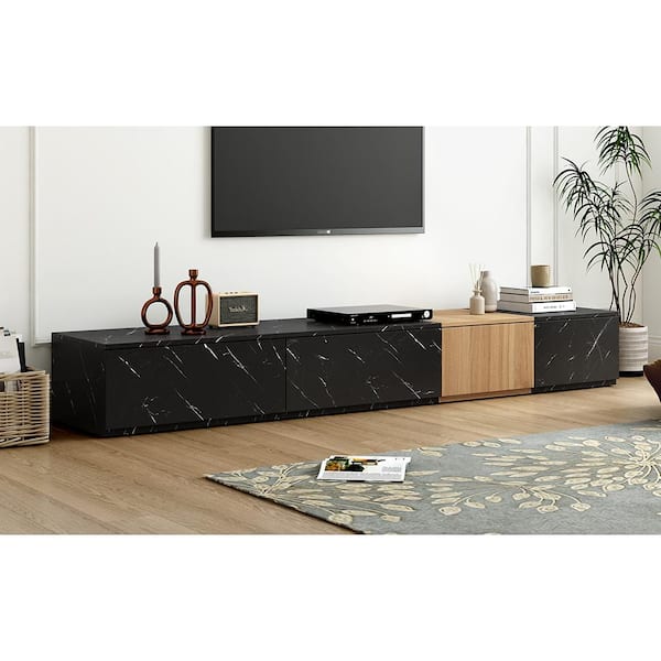 Modern TV Stand Fits TV's Up to 88 in. with Faux Marble and Walnut Wood Grain Finish, 4 Storage Drawers,Black