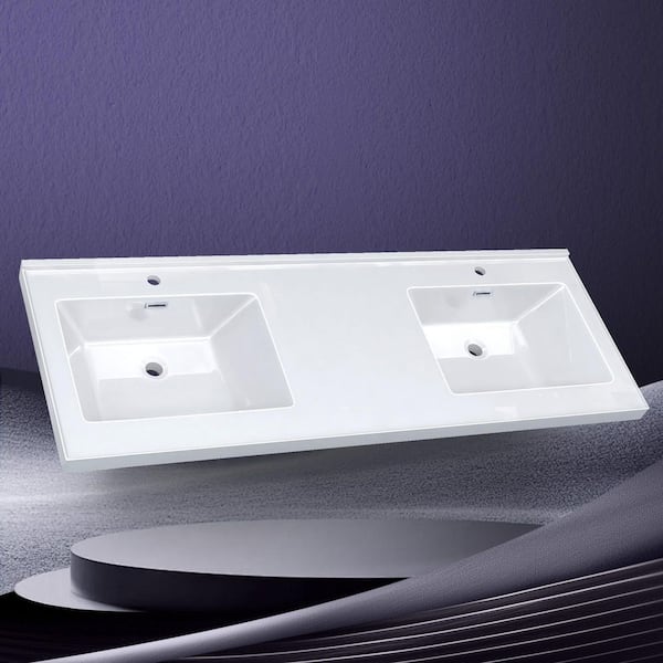 60 in. W x22 in. D Solid Surface Vanity Top White Rectangular Double Sinks Vanity Top with Backsplash & Basin Countertop