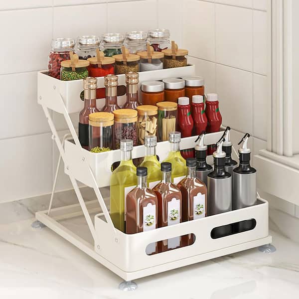 3-Shelf Iron Foldable Spice Rack for Kitchen, Seasoning Organizer for Cabinet, Spice Rack Countertop, White