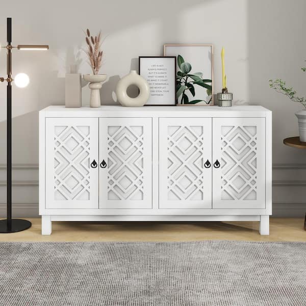 JUJABU White MDF 60 in. Large Storage Space Sideboard 4-Door Buffet Cabinet with Pull Ring Handles for Living Room
