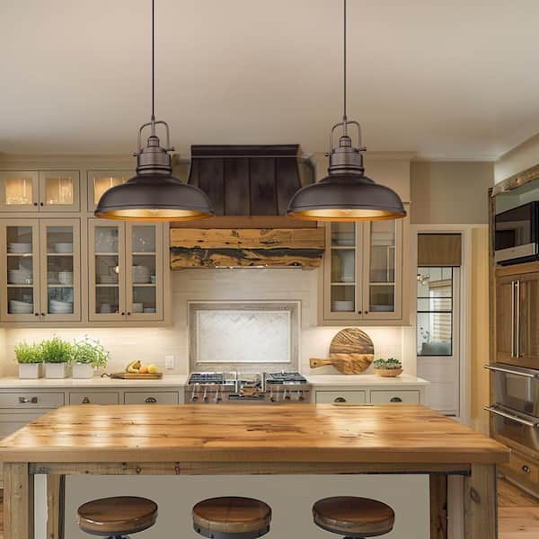 1-Light Oil Rubbed Bronze Large Shaded Pendant Light with Metal Shade, No Bulbs Included