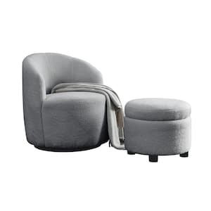 Grey Teddy Fabric Upholstered 360° Swivel Barrel Chair and Round Storage Ottoman Set Modern Armchair