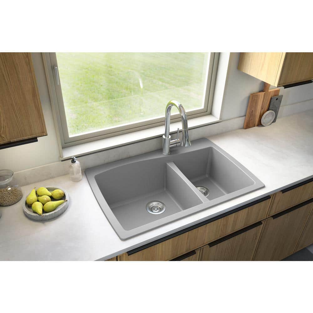 Gray Quartz Composite 34'' Double Bowl Kitchen Sink