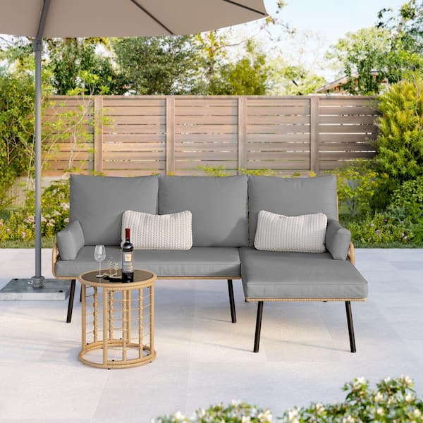 2-Piece Outdoor Patio Furniture Set, Grey Wicker Conversation Sofa with Cushions and Table for Porch, Balcony, Poolside