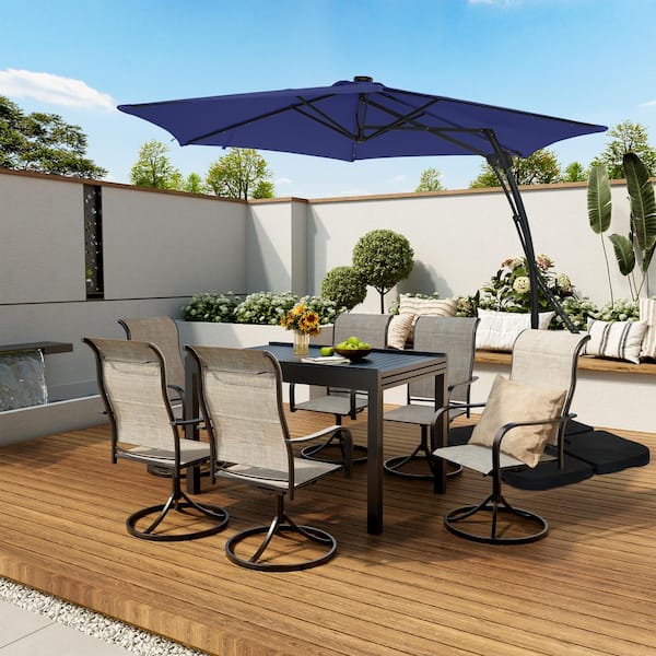 10 ft. Hexagon Steel Offset Patio Umbrella with Solar Light in Navy Blue