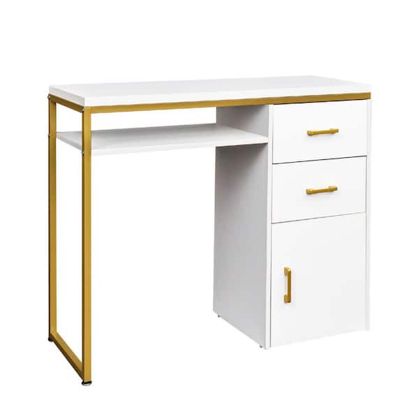 37.8 in. Rectangular White 2-Drawer Computer Desk with Storage and Keyboard Tray