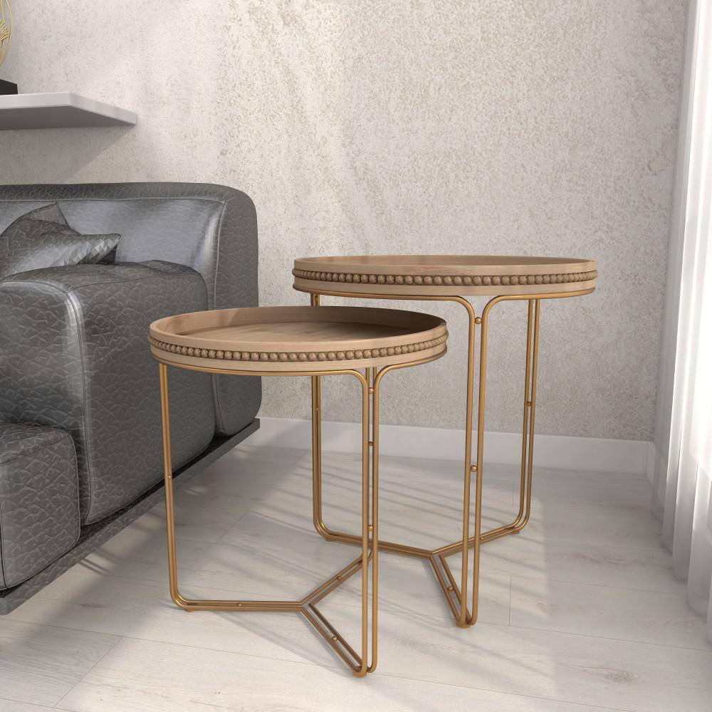 Round Light Brown Wood and Gold Metal Nesting Tables Set