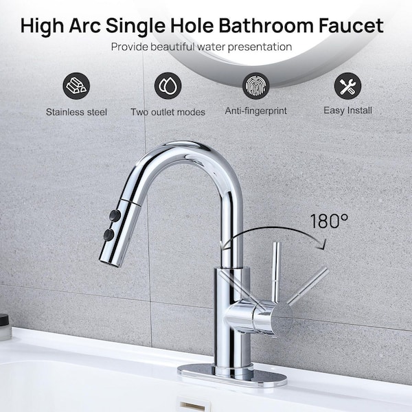 Single Handle High Arc Bathroom Sink Faucet with Pull Out Sprayer and Pop Up Drain in Brushed Chrome