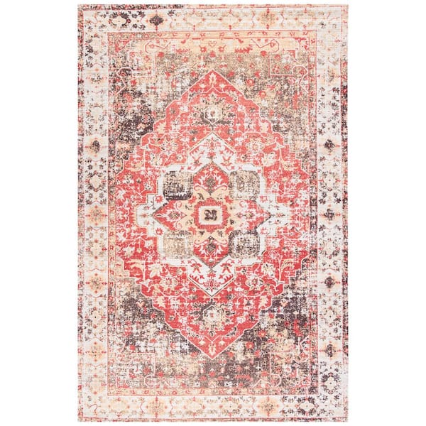 Saffron 5 ft. x 8 ft. Ivory/Red Ornate Distressed Medallion Area Rug