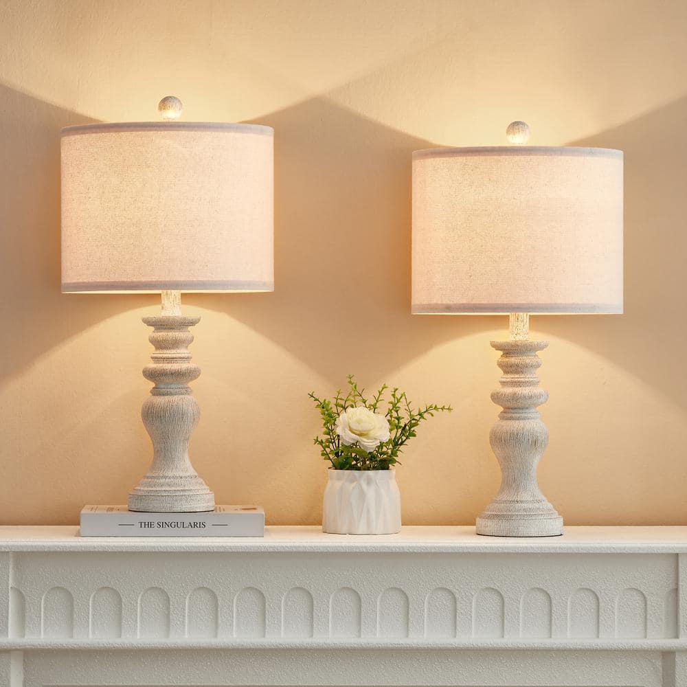 Distressed White Resin Farmhouse Table Lamp Set with Fabric Shade