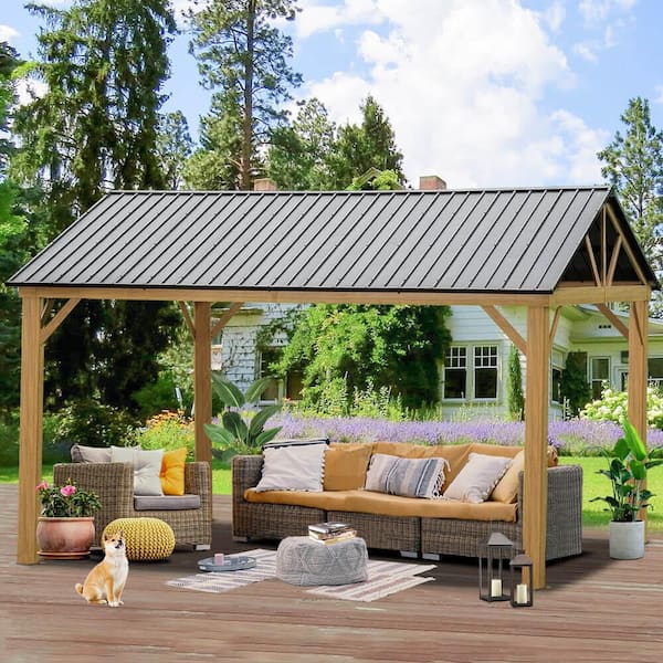 12 ft. x 14 ft. Brown Aluminum Frame Patio Gazebo Canopy Shelter with Galvanized Steel Hardtop Roof for Deck Backyard