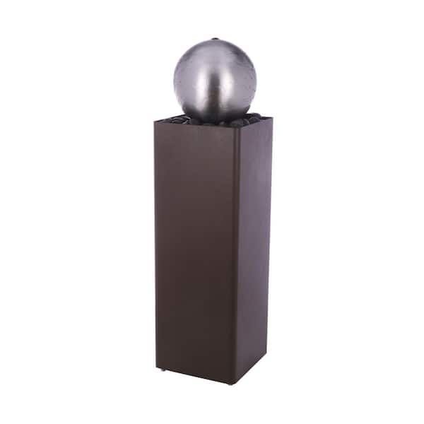 37 in. Tall Modern Metal Orb Water Fountain with River Rock Stones Cascade, Brown/Silver