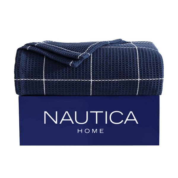 Nautica Bridgeport 1-Piece Cotton Navy Blue Full/Queen Woven Blanket