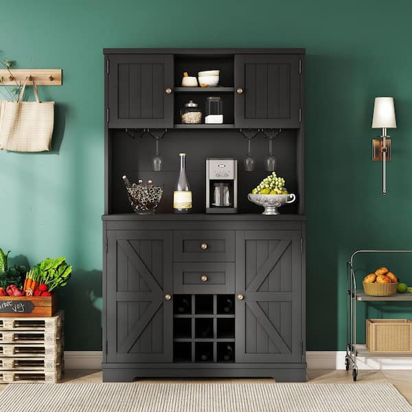 WarmieHomy 73.8 in. H Farmhouse Coffee Bar Pantry Organizer Buffet in Black with Sliding Barn Door