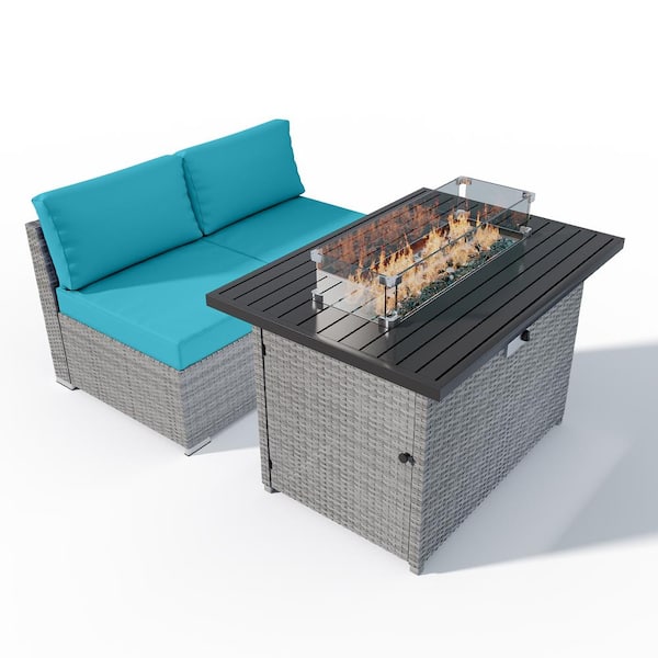 EAGLE PEAK 3 Piece Outdoor Armless Wicker Sofa Set with Removable Cushions and Fire Table, Light Blue